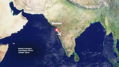 3D Earth Flight Route Mumbai To Bengaluru With Dotted Path And HUD Data Stock Footage 329320587