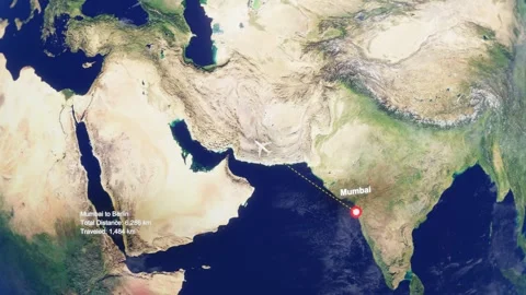3D Earth Flight Route Mumbai To Berlin With Dotted Path And HUD Data Stock Footage 329320595