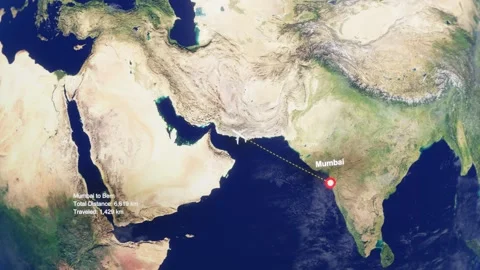 3D Earth Flight Route Mumbai To Bern With Dotted Path And HUD Data Stock Footage 329320601