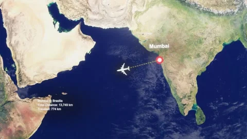 3D Earth Flight Route Mumbai To Brasilia With Dotted Path And HUD Data Stock Footage 329320680