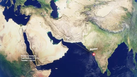 3D Earth Flight Route Mumbai To Budapest With Dotted Path And HUD Data Stock Footage 329320729