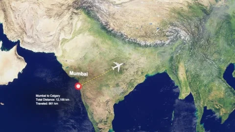 3D Earth Flight Route Mumbai To Calgary With Dotted Path And HUD Data Stock Footage 329320744