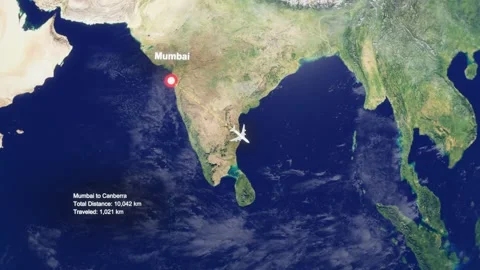 3D Earth Flight Route Mumbai To Canberra With Dotted Path And HUD Data Stock Footage 329320750