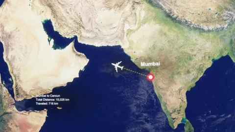 3D Earth Flight Route Mumbai To Cancun With Dotted Path And HUD Data Stock Footage 329320755
