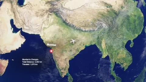 3D Earth Flight Route Mumbai To Chengdu With Dotted Path And HUD Data Stock Footage 329320793