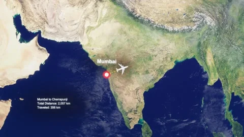 3D Earth Flight Route Mumbai To Cherrapunji With Dotted Path And HUD Data Stock Footage 329320807