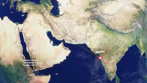 3D Earth Flight Route Mumbai To Cologne With Dotted Path And HUD Data Stock Footage 329320863