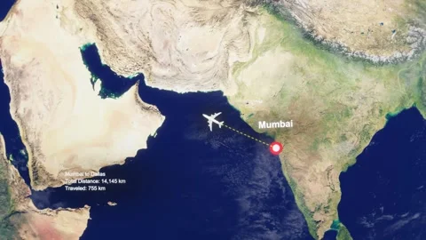 3D Earth Flight Route Mumbai To Dallas With Dotted Path And HUD Data Stock Footage 329320952