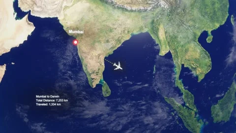 3D Earth Flight Route Mumbai To Darwin With Dotted Path And HUD Data Stock Footage 329320972