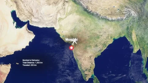 3D Earth Flight Route Mumbai To Dehradun With Dotted Path And HUD Data Stock Footage 329320973