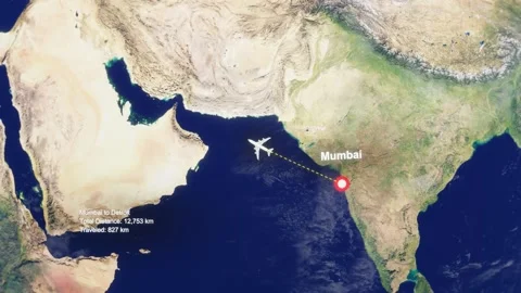 3D Earth Flight Route Mumbai To Detroit With Dotted Path And HUD Data Stock Footage 329320991