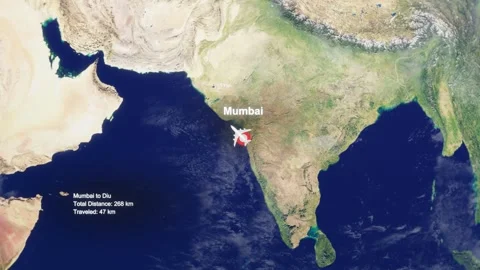 3D Earth Flight Route Mumbai To Diu With Dotted Path And HUD Data Stock Footage 329321005