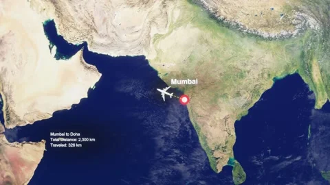 3D Earth Flight Route Mumbai To Doha With Dotted Path And HUD Data Stock Footage 329321014