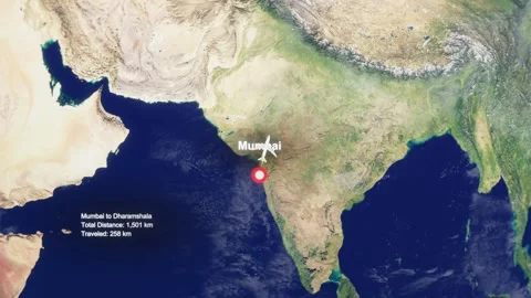 3D Earth Flight Route Mumbai To Dharamshala With Dotted Path And HUD Data Stock Footage 329321017