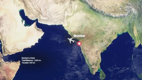 3D Earth Flight Route Mumbai To Dubai With Dotted Path And HUD Data Stock Footage 329321019