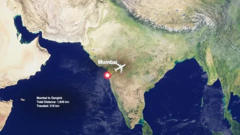 3D Earth Flight Route Mumbai To Gangtok With Dotted Path And HUD Data Stock Footage 329321093