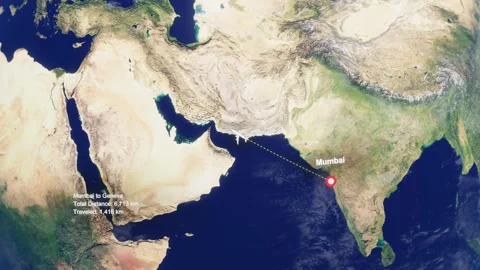 3D Earth Flight Route Mumbai To Geneva With Dotted Path And HUD Data Stock Footage 329321101