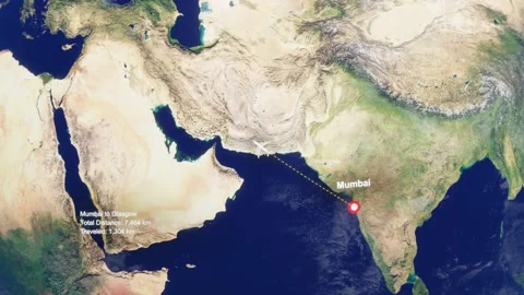 3D Earth Flight Route Mumbai To Glasgow With Dotted Path And HUD Data Stock Footage 329321111