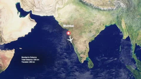 3D Earth Flight Route Mumbai To Gokarna With Dotted Path And HUD Data Stock Footage 329321163