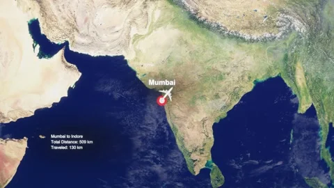 3D Earth Flight Route Mumbai To Indore With Dotted Path And HUD Data Stock Footage 329321253