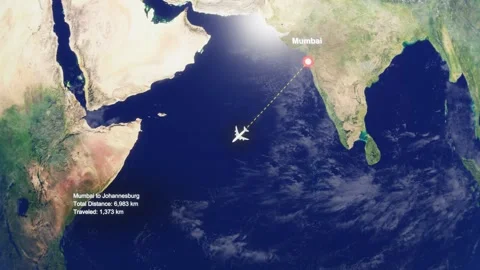 3D Earth Flight Route Mumbai To Johannesburg With Dotted Path And HUD Data Stock Footage 329321313