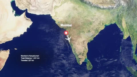 3D Earth Flight Route Mumbai To Kanyakumari With Dotted Path And HUD Data Stock Footage 329321329