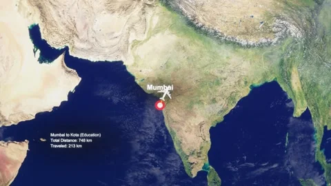 3D Earth Flight Route Mumbai To Kota With Dotted Path And HUD Data Stock Footage 329321418