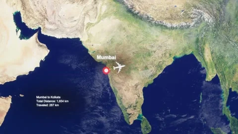 3D Earth Flight Route Mumbai To Kolkata With Dotted Path And HUD Data Stock Footage 329321422