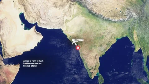 3D Earth Flight Route Mumbai To Kutch With Dotted Path And HUD Data Stock Footage 329321440