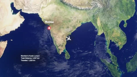 3D Earth Flight Route Mumbai To Kuala Lumpur With Dotted Path And HUD Data Stock Footage 329321443