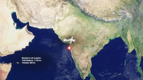 3D Earth Flight Route Mumbai To Leh With Dotted Path And HUD Data Stock Footage 329321492