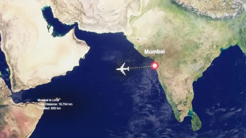 3D Earth Flight Route Mumbai To Lima With Dotted Path And HUD Data Stock Footage 329321495