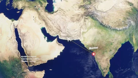 3D Earth Flight Route Mumbai To Liverpool With Dotted Path And HUD Data Stock Footage 329321508