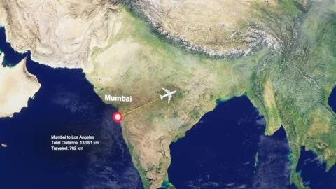 3D Earth Flight Route Mumbai To Los Angeles With Dotted Path And HUD Data Stock Footage 329321529