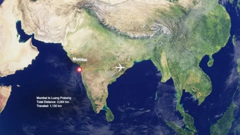 3D Earth Flight Route Mumbai To Luang Prabang With Dotted Path And HUD Data Stock Footage 329321536