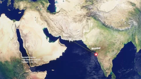 3D Earth Flight Route Mumbai To London With Dotted Path And HUD Data Stock Footage 329321537