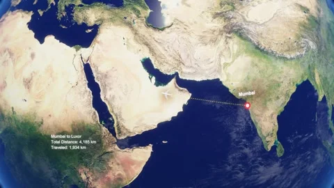 3D Earth Flight Route Mumbai To Luxor With Dotted Path And HUD Data Stock Footage 329321555