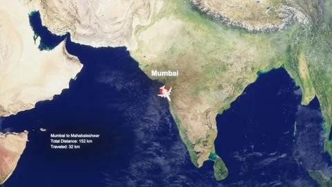 3D Earth Flight Route Mumbai To Mahabaleshwar With Dotted Path And HUD Data Stock Footage 329321584