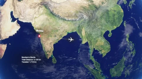 3D Earth Flight Route Mumbai To Manila With Dotted Path And HUD Data Stock Footage 329321606