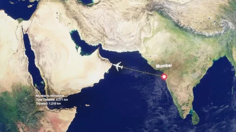 3D Earth Flight Route Mumbai To Marrakech With Dotted Path And HUD Data Stock Footage 329321610