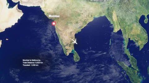 3D Earth Flight Route Mumbai To Melbourne With Dotted Path And HUD Data Stock Footage 329321633