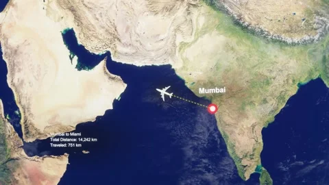 3D Earth Flight Route Mumbai To Miami With Dotted Path And HUD Data Stock Footage 329321643