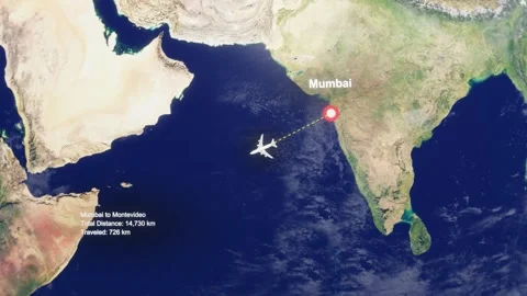 3D Earth Flight Route Mumbai To Montevideo With Dotted Path And HUD Data Stock Footage 329321653