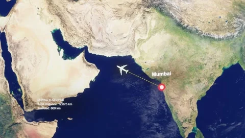 3D Earth Flight Route Mumbai To Montreal With Dotted Path And HUD Data Stock Footage 329321654