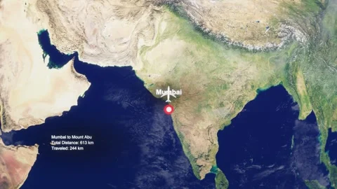 3D Earth Flight Route Mumbai To Mount Abu With Dotted Path And HUD Data Stock Footage 329321658