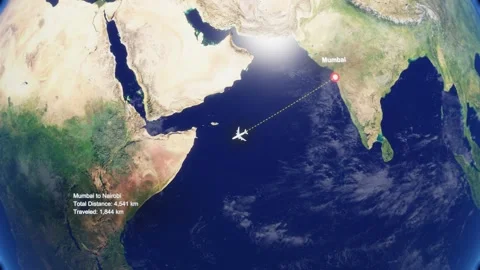 3D Earth Flight Route Mumbai To Nairobi With Dotted Path And HUD Data Stock Footage 329321688