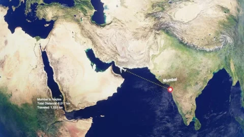 3D Earth Flight Route Mumbai To Naples With Dotted Path And HUD Data Stock Footage 329321693
