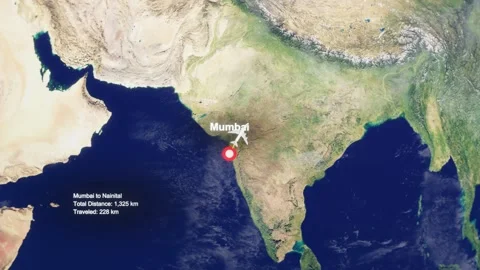 3D Earth Flight Route Mumbai To Nainital With Dotted Path And HUD Data Stock Footage 329321697