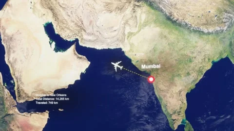 3D Earth Flight Route Mumbai To New Orleans With Dotted Path And HUD Data Stock Footage 329321708