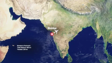 3D Earth Flight Route Mumbai To Pachmarhi With Dotted Path And HUD Data Stock Footage 329321740